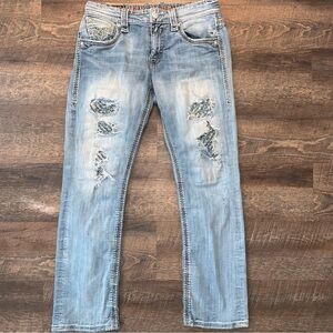 Rock Revival Tom Straight Distressed Patched Jeans Men’s Size 32